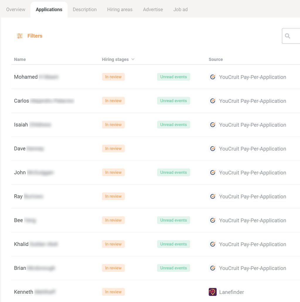 screencap of applicants tab within job profile