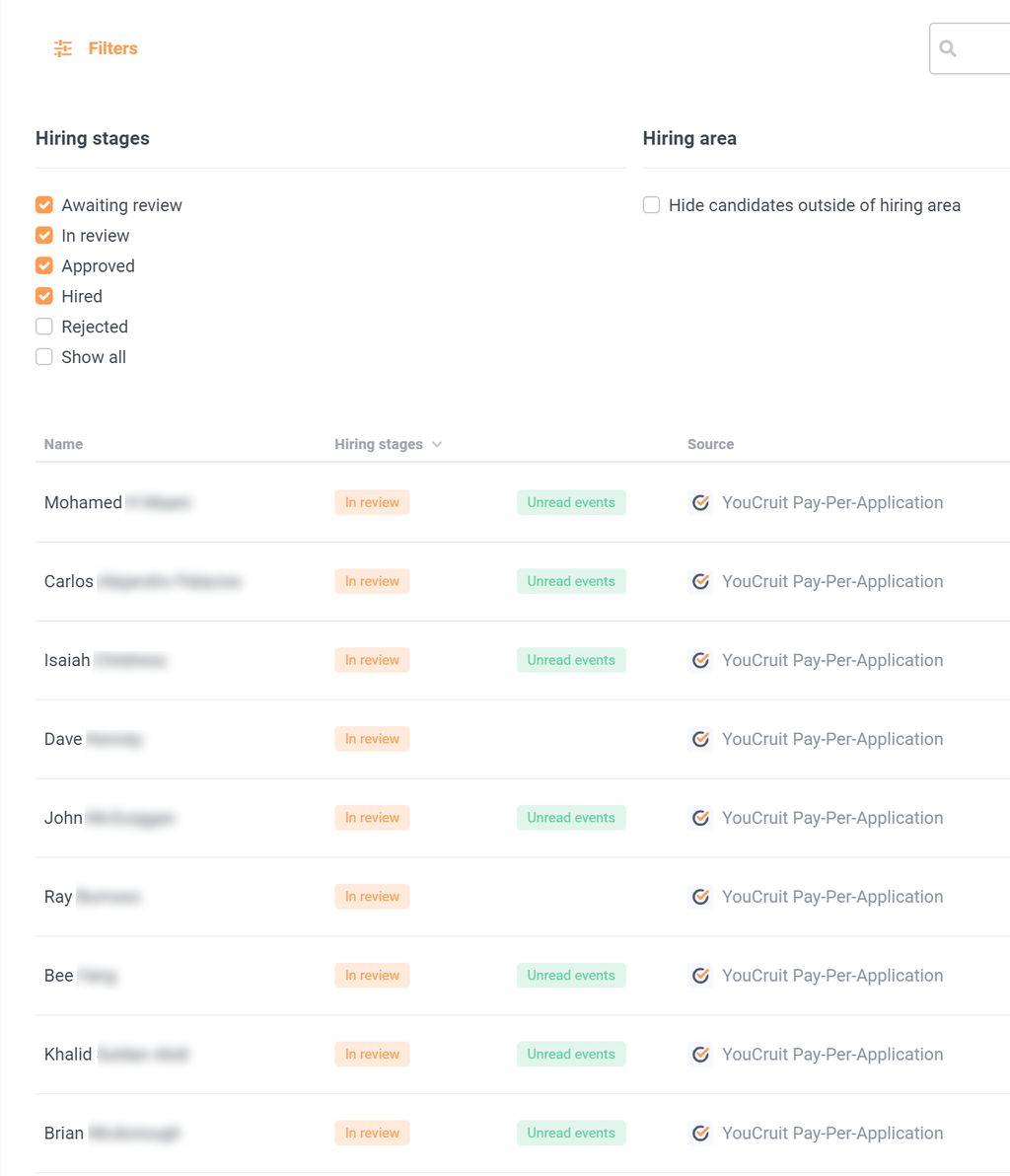 screencap of selecting filters in the job applicant tab