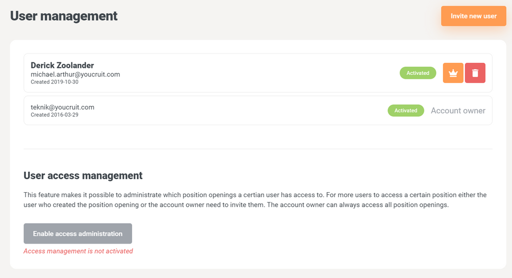 An image of YouCruit user management